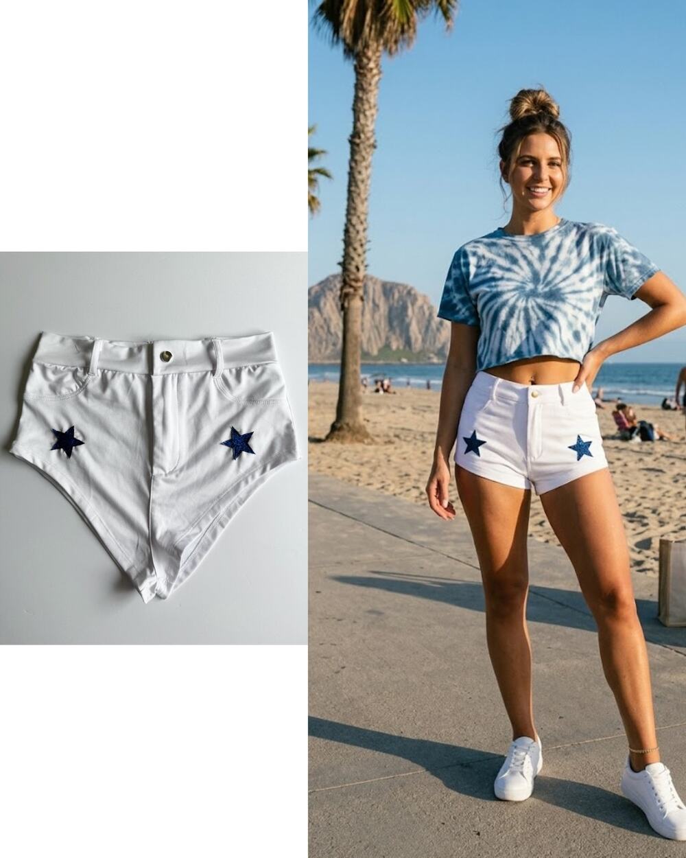 Fashion Nova White Micro Booty Shorts w/ Blue Glitter Star Patches | Size S/M